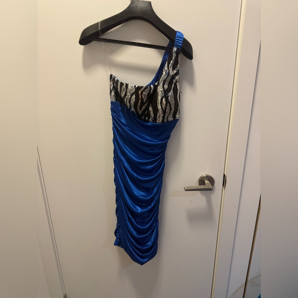 Elegant Blue and Silver One-Shoulder Dress